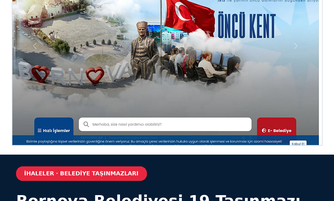 Bornova Belediyesi, dokuz mahallede bulunan 19 taşınmazı 14 Eylül 2026’da